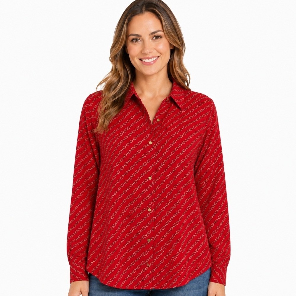Liz Claiborne Blouse Womens Small Red Heart Chain Career Button Up Long Sleeve